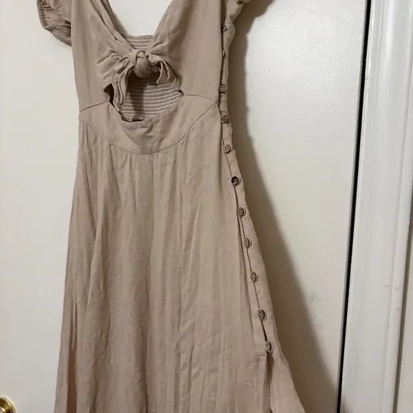 Free People Tan Tie Front Cutout Puff Sleeve Midi Dress Womens‎ XS - Image 3
