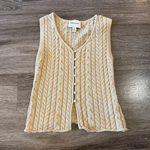 Industry Tan Cable-Knit Button Front Crop Tank Top - Image 2