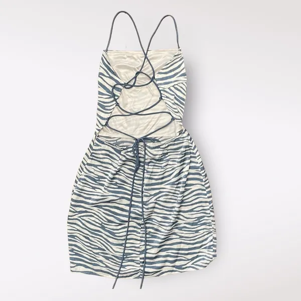 J.O.A. Dress Women’s Small Blue‎ White Zebra Print Lace Up Back Mini - Image 3