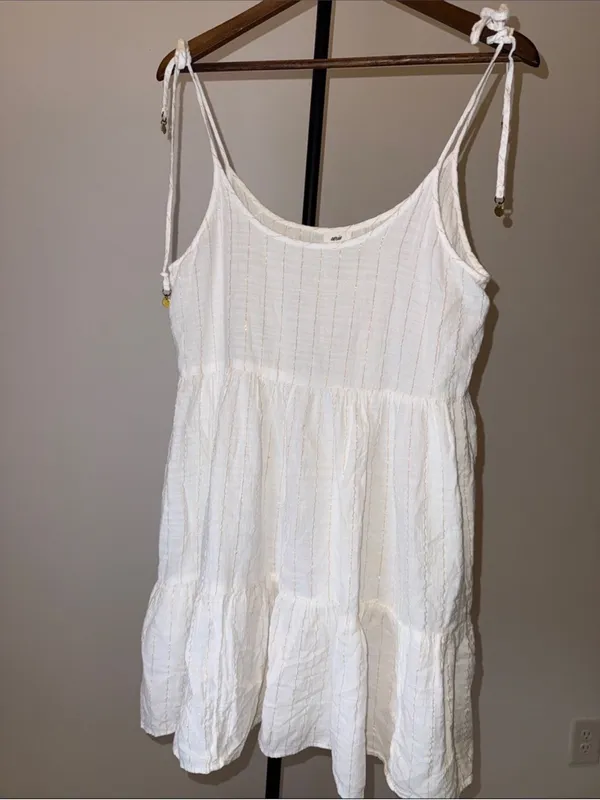 Aerie Magic Hour White Gold Striped Tie-Shoulder Cotton Swim Coverup Dress sz M - Image 2