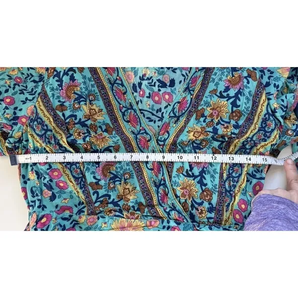ZESICA Womens Teal Floral Wrap Dress Short Sleeve Boho‎ V-Neck Mini Dress S - Image 9