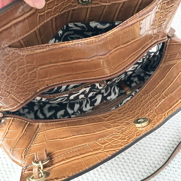 Nine West Cognac Brown Croc Embossed Textured Gold Chain Link Shoulder Bag Glam - Image 9