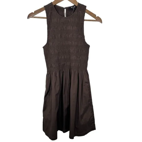Madewell Melody Smocked Sleeveless Mini Dress Dark Brown Cotton‎ Poplin XXS NWT - Image 3