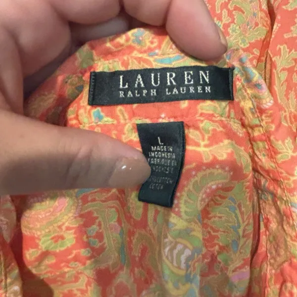 Lauren Ralph Lauren Orange Floral Long Roll Tab Sleeve Pockets Blouse‎ Large - Image 3