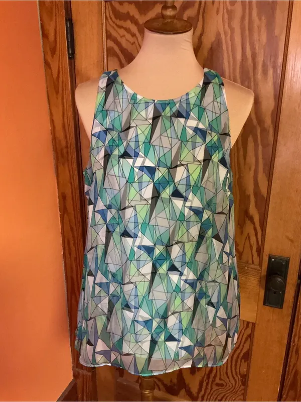 Vince Camuto Geometric Sleeveless Tunic Blouse Medium Blue Green Abstract Top - Image 8