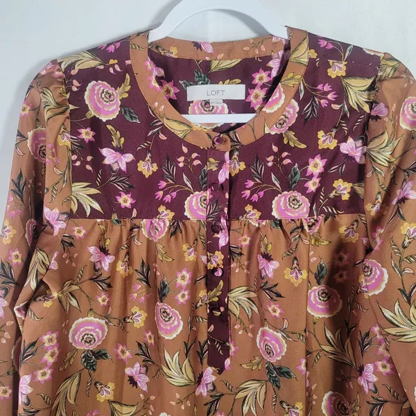 Loft Mixed Media Floral Yoke Blouse M Long Sleeve Split Neck Boho Cottagecore - Image 7