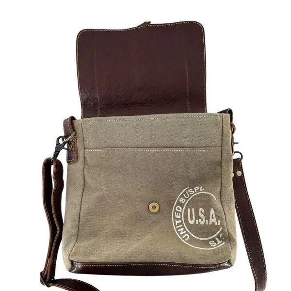 Myra Bag Sage Green Canvas and Brown Leather Messenger Tote Crossbody Bag - Image 5