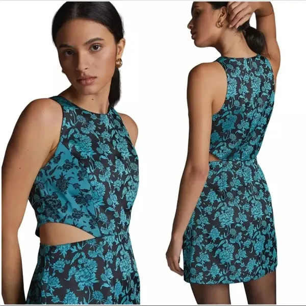 Anthropologie Hutch Floral Jacquard Cut-Out Mini Dress Size 6 Black/Teal - Image 2