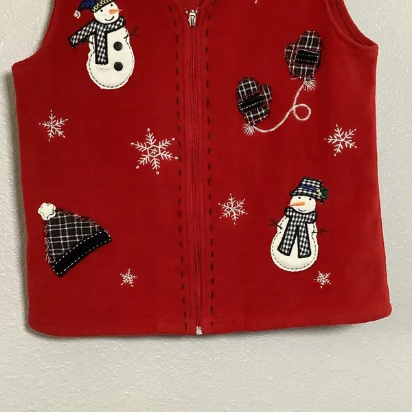 Vintage Retro Red Snowman Snowflake Winter Embroidered Holiday Full‎ Zip Vest S - Image 3