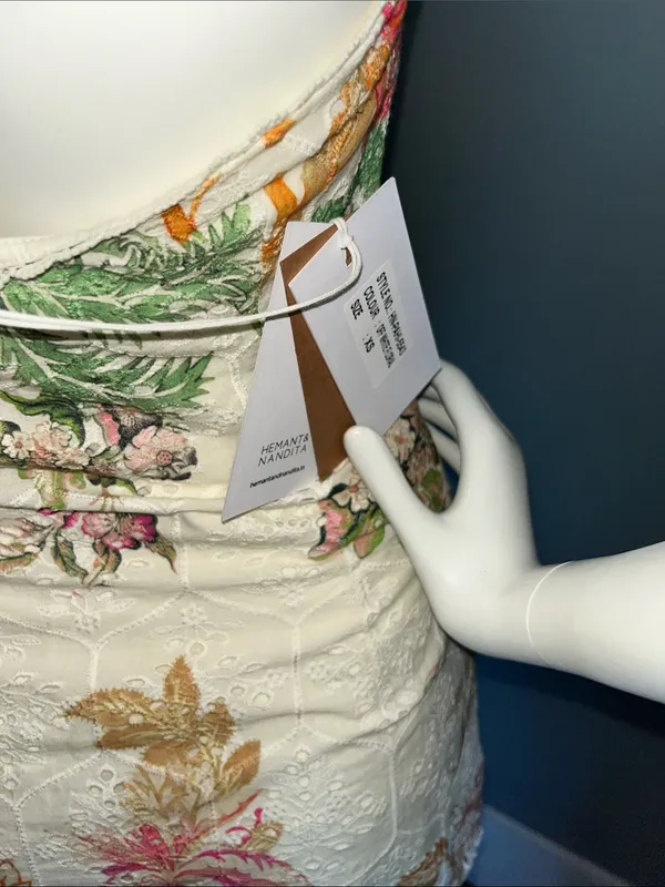 HEMANT & NANDITA White Halter Mini Dress with Pink & Green Floral Embroidery - Image 6