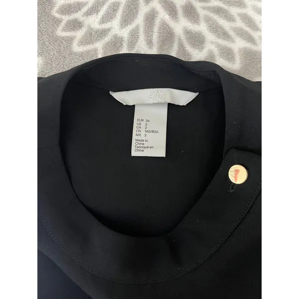 H&M Black Mock Neck Shift Dress 2 Button Bell Sleeve‎ Office Chic Preppy Minimalist - Image 2