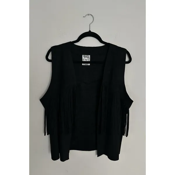 Vocal Women’s Black Sleeveless Fringe Rhinestone Skull Open Front Vest SZ XL EUC - Image 2