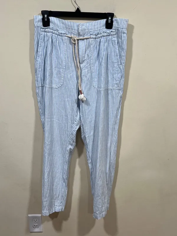 Anthropologie Seashore Linen Blend Pants Women S Blue Striped Rope Belt Crop - Image 2