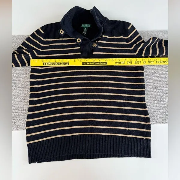 Lauren Ralph Lauren Black Gold Striped Mockneck Cotton Sweater Metallic Medium - Image 7