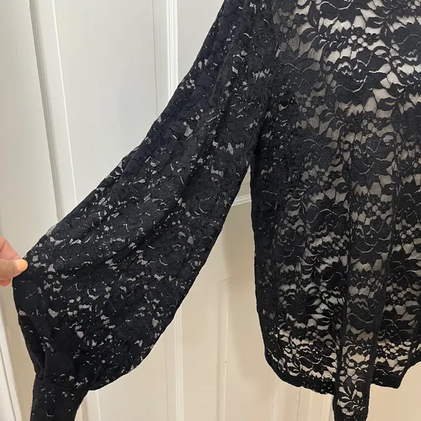 Black Lace High Neck Blouse L Sheer Floral Dark Academia Romantic Victorian Goth - Image 4