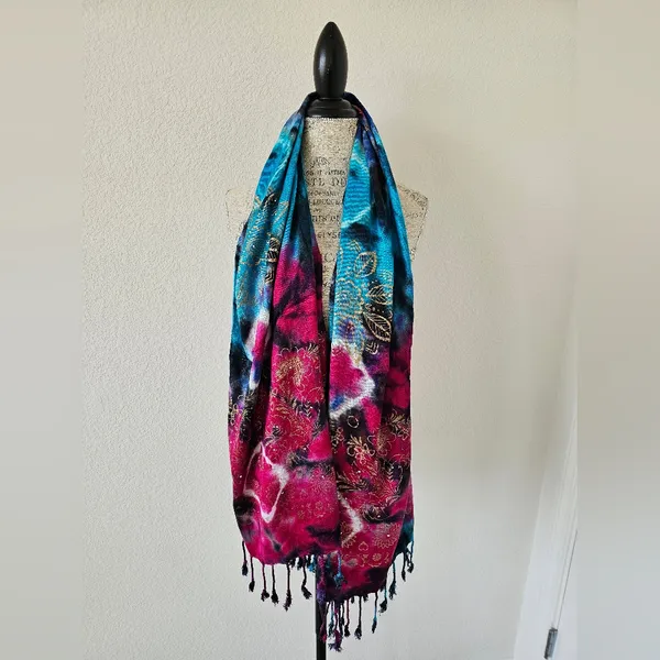 Artisan Tie-Dye Boho Wrap Shawl with Gold Foil - Image 2