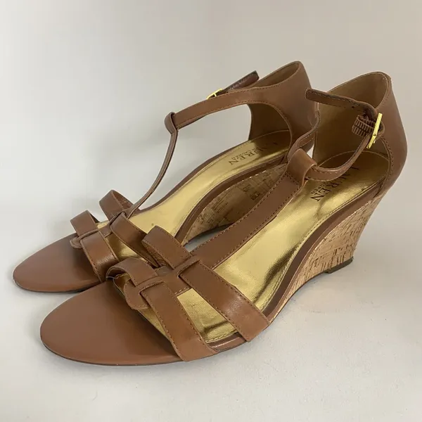 Lauren Ralph Lauren Wedge Sandals Women 10B T Strap Harleen Leather‎ Cork Heels - Image 7