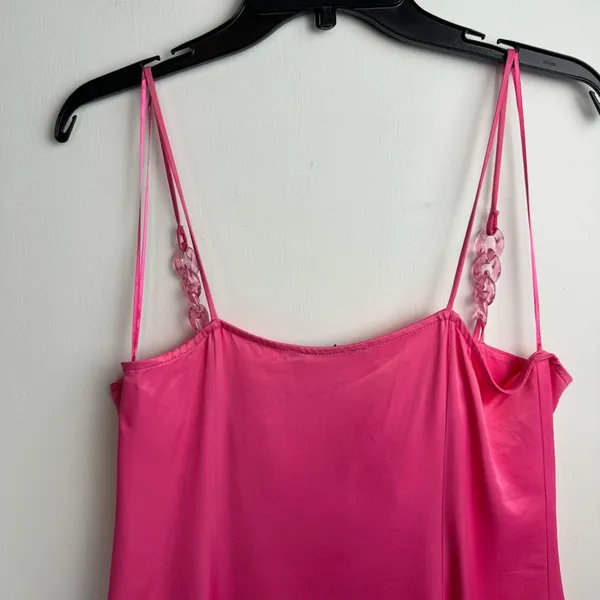 NEW ZARA Pink Satin Corsetry Mini Babydoll Dress Sz Large Chain Strap - Image 13