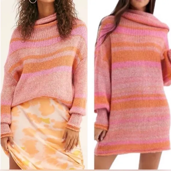 Free People Candy Stripe Pink Orange Knit Long Sleeve‎ Cowl Neck Tunic Sweater M - Image 2