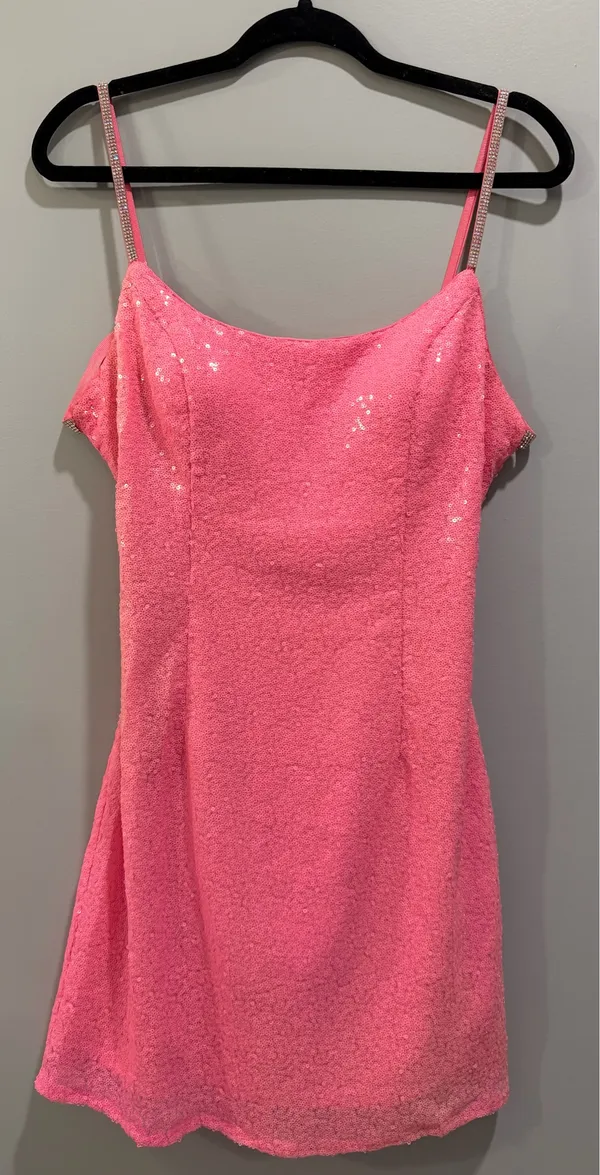 Alyce Paris Sequin Detail Corset Lace-Up Back Rhinestone Studded Straps Mini Dress Bright Pink - Image 3