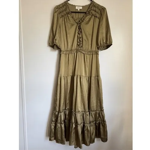 BOHME Womens green satiny tiered long ruffled midi dress sz S prairie cottage - Image 2