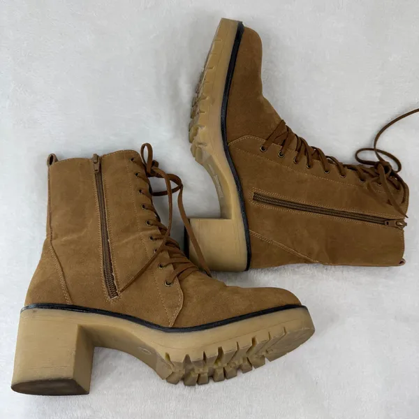 Oasis Society Tan Suede Lace Up Combat Boots Side Zip Lug Sole Block Heel Size 8 - Image 9