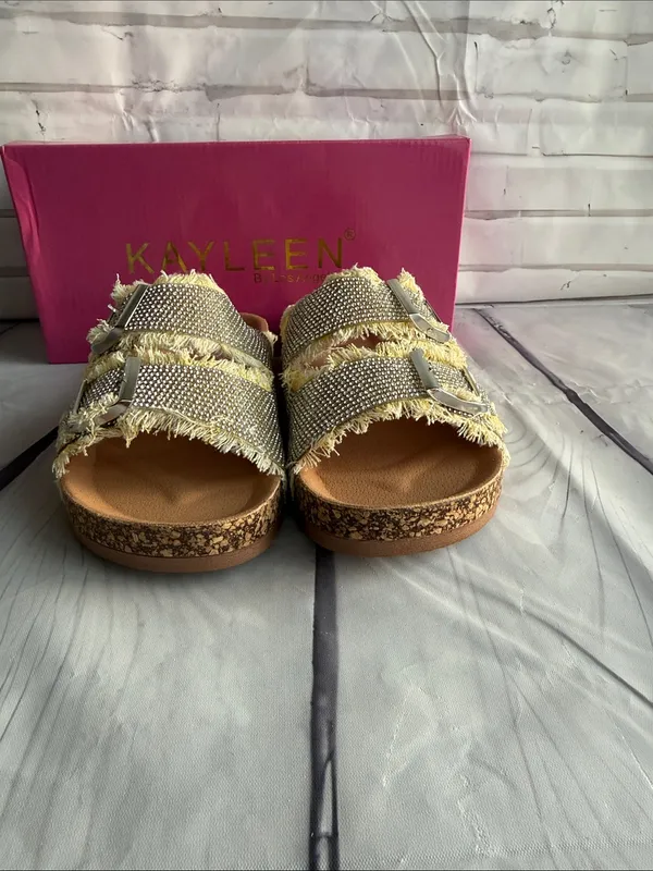 KAYLEEN By Los Angeles Stevie in Yellow Frayed Double-Buckle Rhinestone Slides - Image 3
