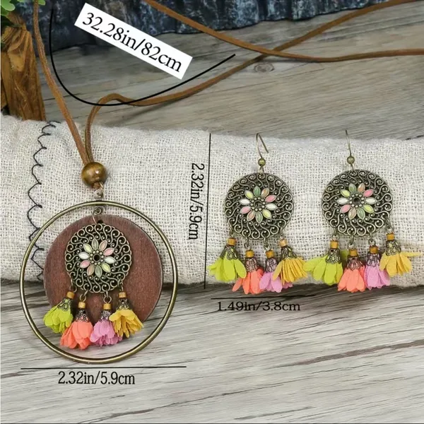 Boho Zinc Alloy Wood Retro Flower Design Tribal‎ Necklace & Earrings Set - Image 3