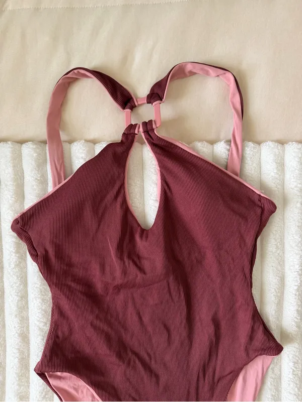 BECCA Ribbed Burgundy One-Piece Swimsuit with Pink Straps - Image 2
