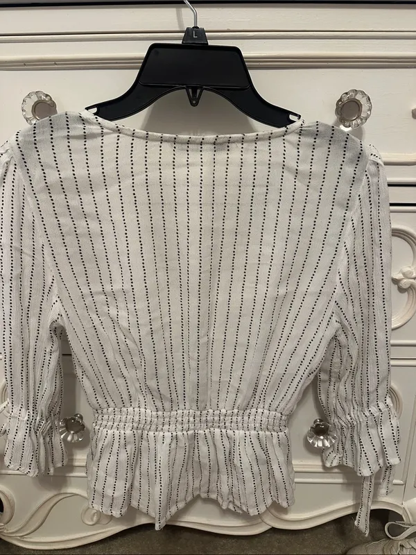 Abercrombie & Fitch White Blouse with Navy Pinstripes and Peplum Hem - Image 3