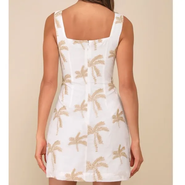 NEW Lulus Flawlessly Breezy Ivory Tan Palm Tree Embroidered Cotton Mini Dress XS - Image 3