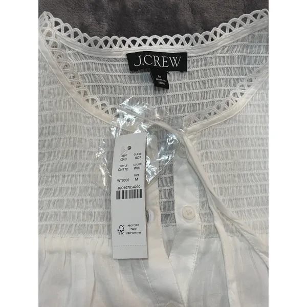 NWT J.Crew Smocked Cotton Popover top in cotton voile Blouse White Eyelet Trim M - Image 4