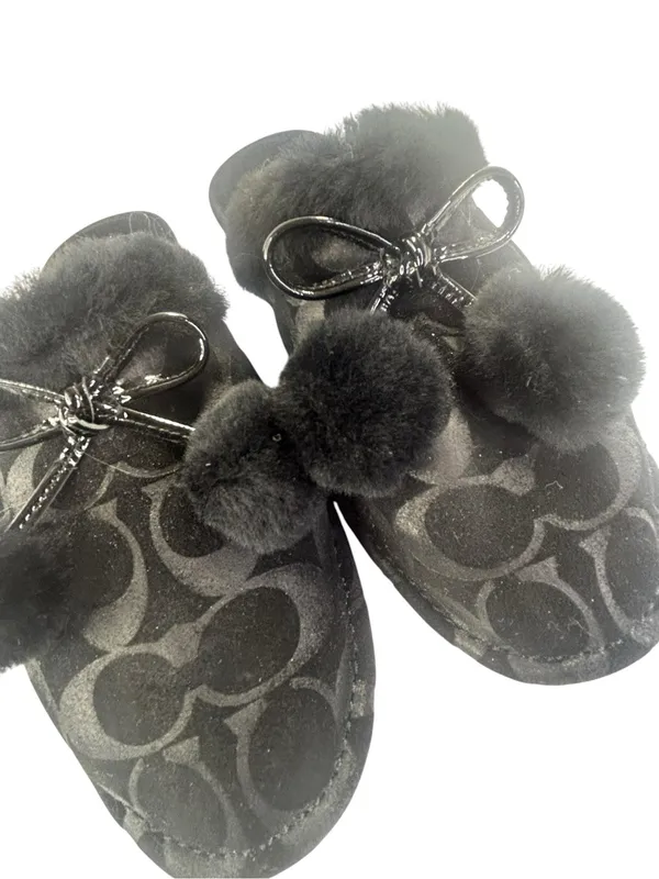 Vintage Coach Poppy Jayda Black Signature C Jacquard Fur Slippers Bows Y2K - Image 3