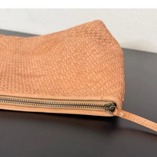 Lucky Brand Woven Leather Clutch Women Large Tan Bohemian Zipper Pouch - Image 2