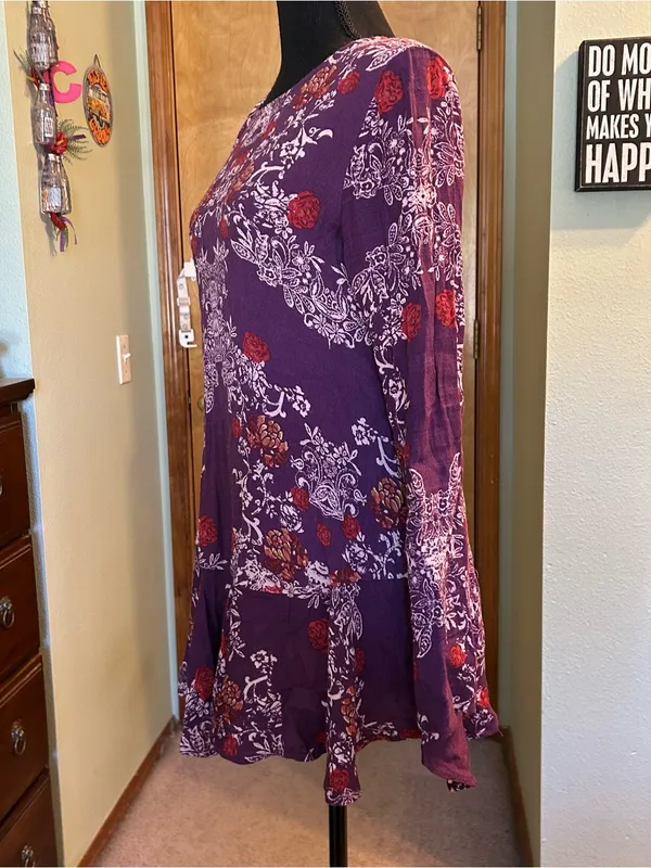 Free People Smooth Talker purple floral long sleeve tunic dress drop waist XS - Image 4