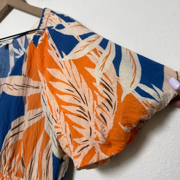 FIG + FLOWER‎ Women Dress Large Tropical Leaf Print Smocked Orange Boho Resort - Image 10