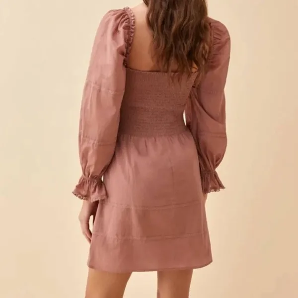 Reformation Dunes Smocked Long Sleeve Mini Dress Praline Pink Rose‎ - Image 3