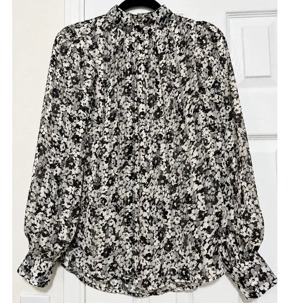 H&M Black White Floral Sheer High Neck Blouse Gold Button Cuffs Size S - Image 2