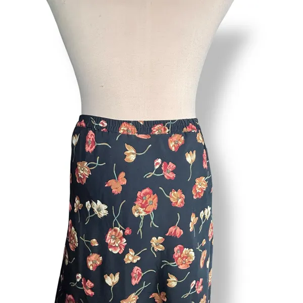 Vintage‎ 90s Halston Black Red Dark Floral Maxi Skirt Side Button Size 12 Fall - Image 3