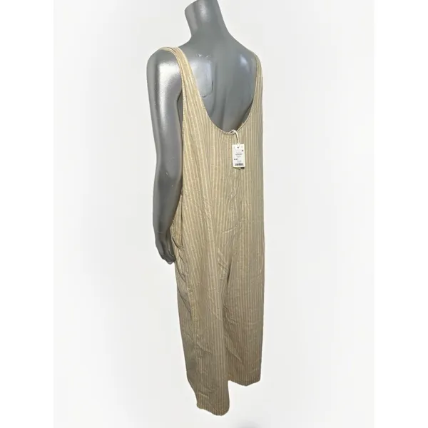 Marine Layer Striped Jumpsuit Womens Small Tan White Hemp Blend Coastal Wide Leg - Image 4
