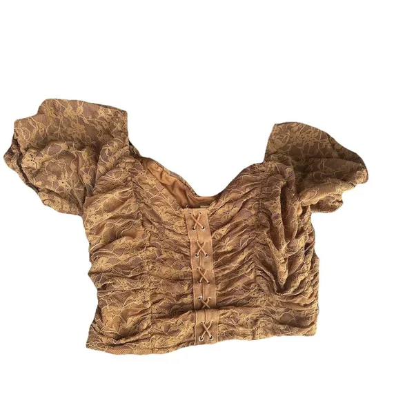Meraki Brown Boho Lace Up Puff Sleeve Crop Peasant Top Sz L Festival Cottagecore - Image 8