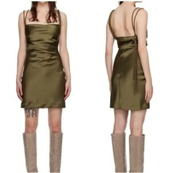 House of Harlow 1960 Olive Green Braided Strap Satin Mini Dress - Image 9