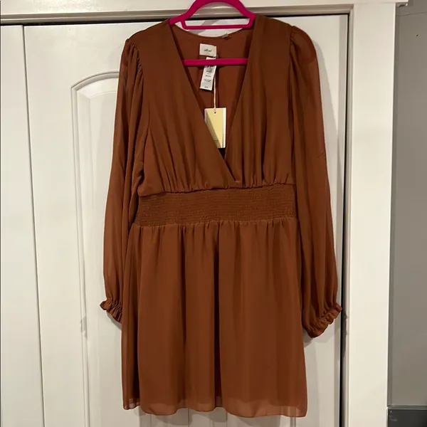 Wilfred Aritzia Brown Sheath‎ Dress with V-Neck Long Sleeves XL - Image 2