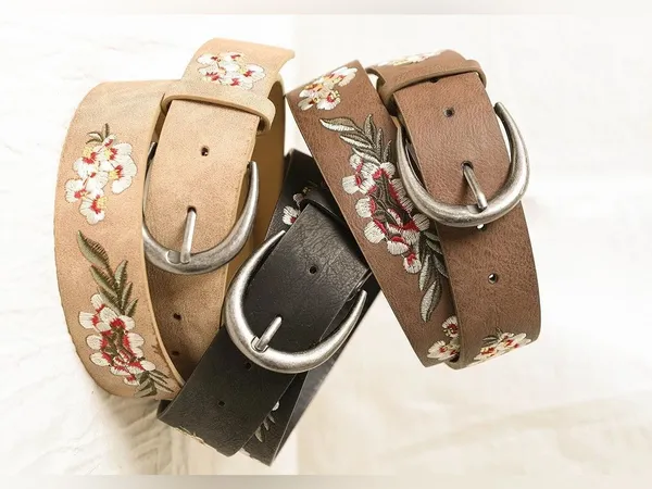 Embroidered Floral Brown Vegan Leather Belt - Image 4
