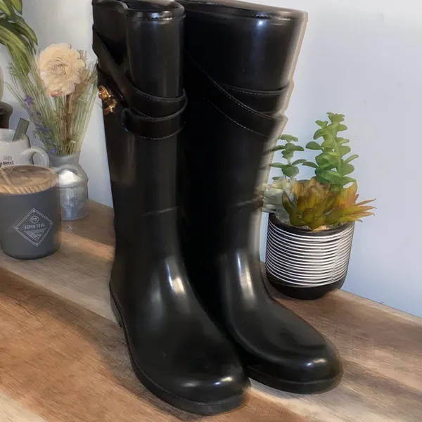 Coach Trisha Tall Rubber Rain Boots With Gold Buttons & Leather Size 9M - Image 13