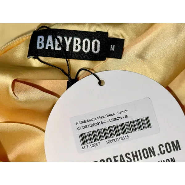 NWT Babyboo Misha Lemon Yellow Satin Strappy Open Back High Slit Maxi Dress Sz M - Image 8