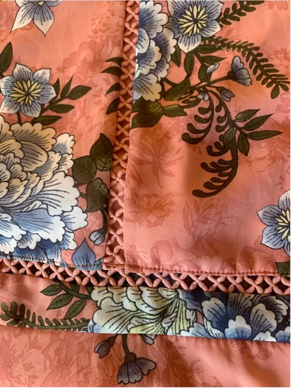 Miami maxi Dress Large Peach with Blue Yellow Floral Halter Crochet Derails - Image 3