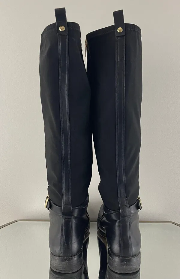 Michael Kors Black Leather Gold Hardware Buckle Arley Knee High Riding Boots - Image 8