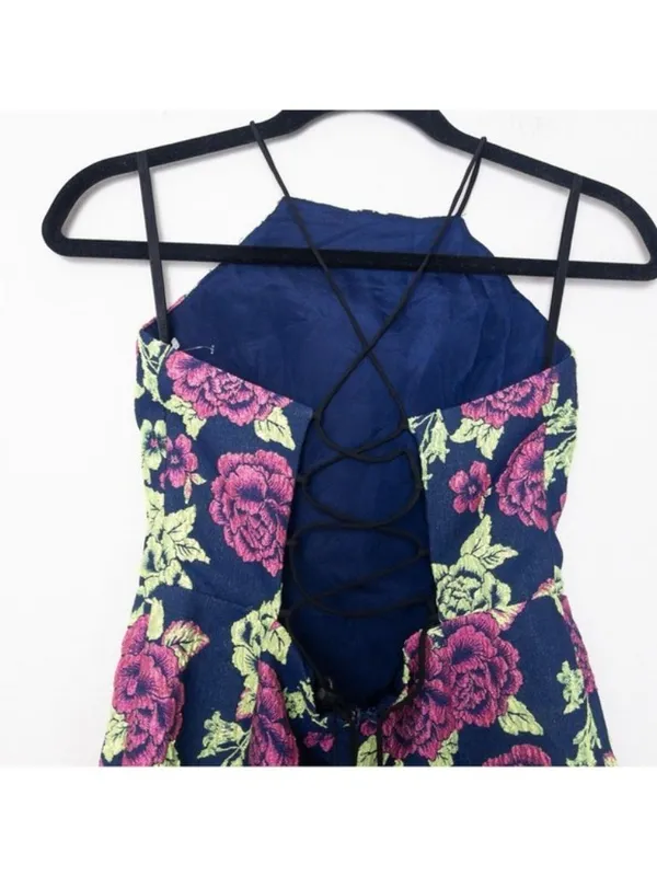 NWT NBD Embroidered Floral Mini Dress S Navy Blue Pink Green Lace Up Bodycon - Image 6