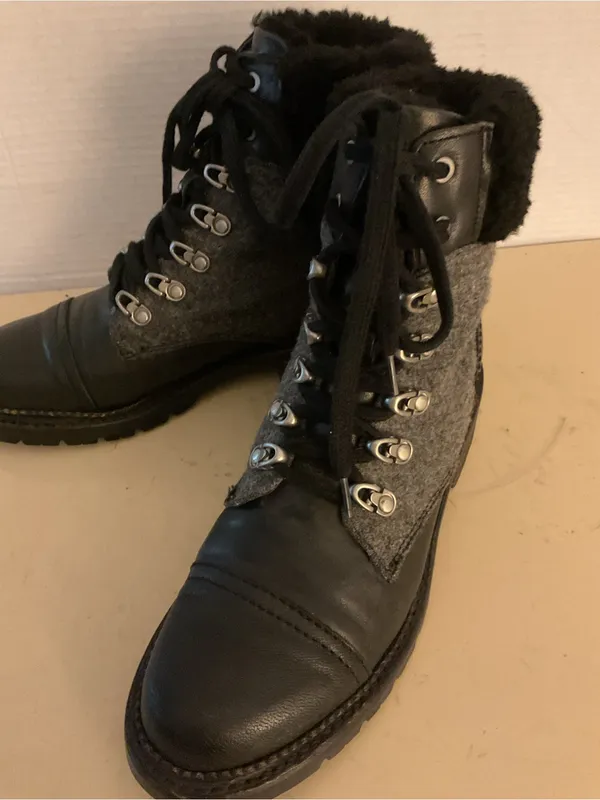 Frye women Black Leather and Gray Wool Lace-Up Shearling Samantha Boots US 8 - Image 6